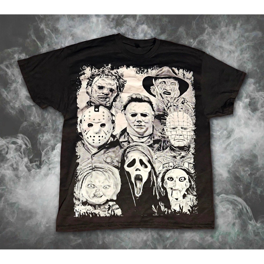 Chucky Ghostface Jigsaw Horror Movie Graphic Print Black Crew Neck T-Shirt XL